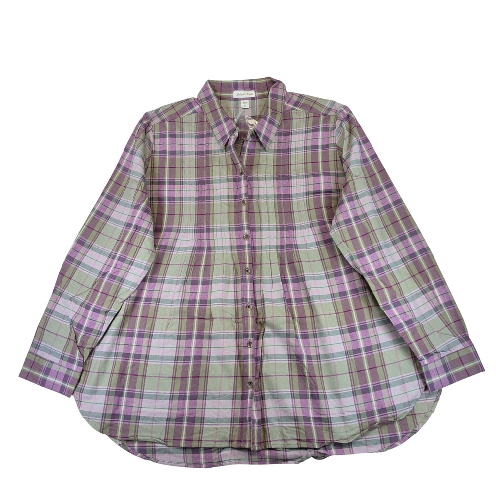 Coldwater Creek Womens XL Purple Green Plaid Pintuck Pleated Button Down Shirt